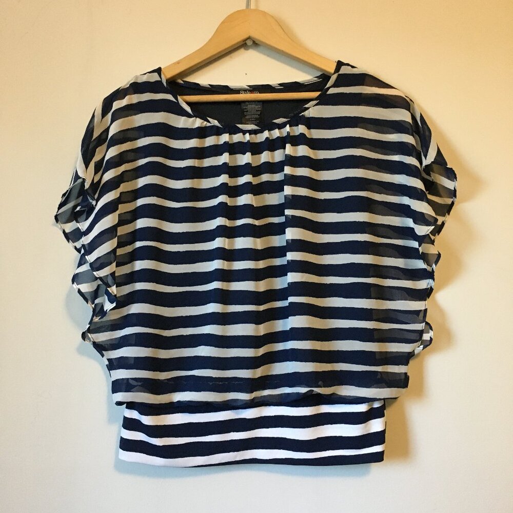 Style & Co. Happy Sailor Striped Nightingale Sleeve Top Blue and White XS